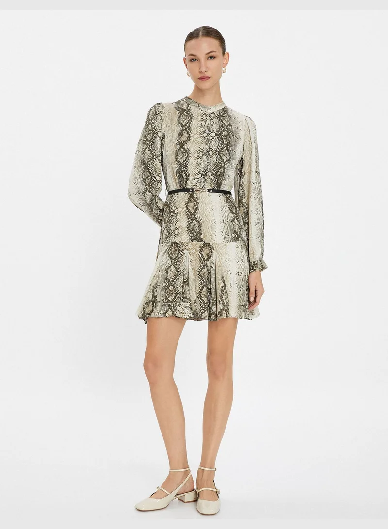 KOTON Snake Skin Printed Long Sleeve Belted Ruffle Mini Dress