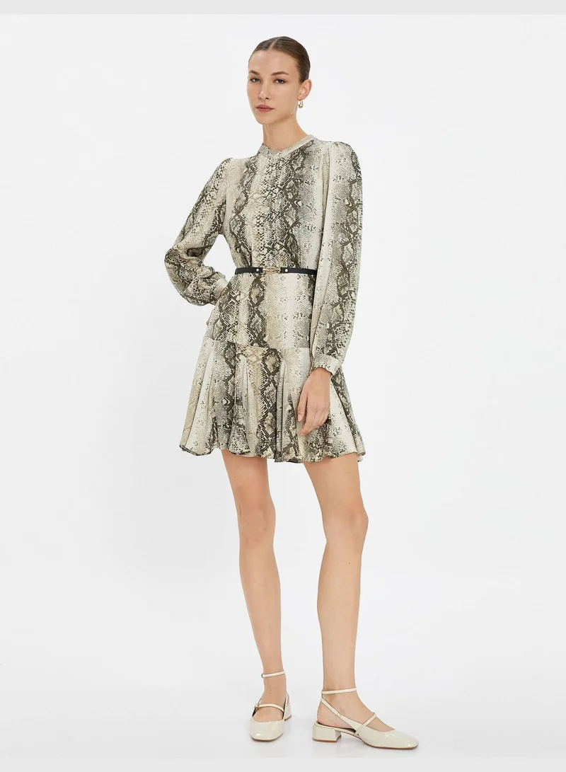 KOTON Snake Skin Printed Long Sleeve Belted Ruffle Mini Dress