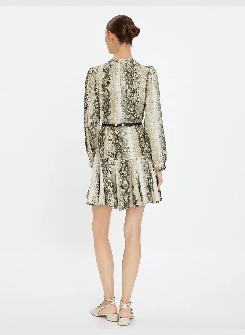 KOTON Snake Skin Printed Long Sleeve Belted Ruffle Mini Dress
