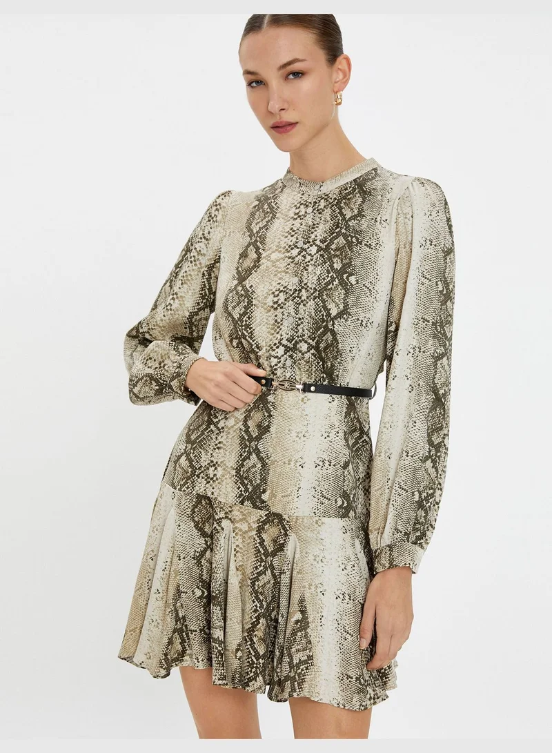 KOTON Snake Skin Printed Long Sleeve Belted Ruffle Mini Dress