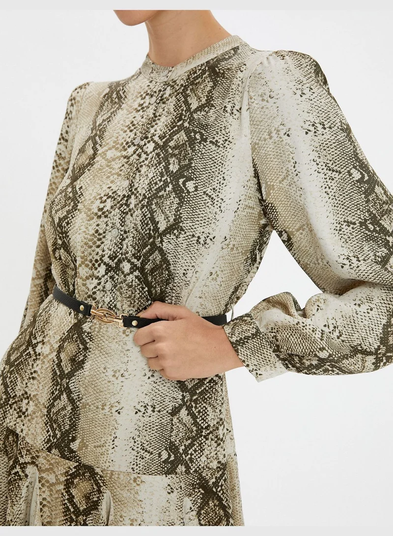 KOTON Snake Skin Printed Long Sleeve Belted Ruffle Mini Dress
