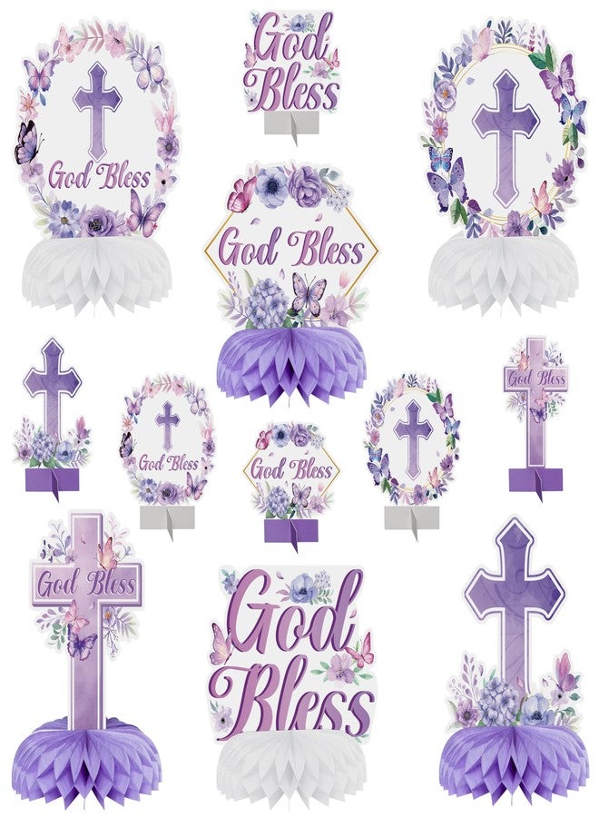ANGOLIO Purple Floral God Bless Honeycomb Centerpieces - 12Pcs God Baptism Table Party Decoration First Communion Honeycomb Centerpieces for Baby Shower Birthday Party Photo Props Decor Gender Reveal - Image 1