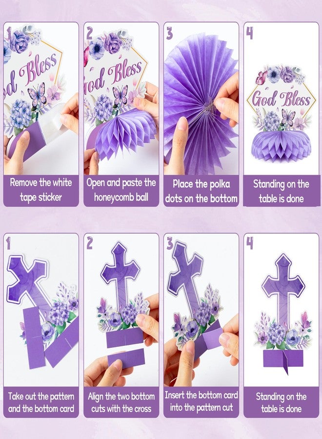 ANGOLIO Purple Floral God Bless Honeycomb Centerpieces - 12Pcs God Baptism Table Party Decoration First Communion Honeycomb Centerpieces for Baby Shower Birthday Party Photo Props Decor Gender Reveal - Image 3