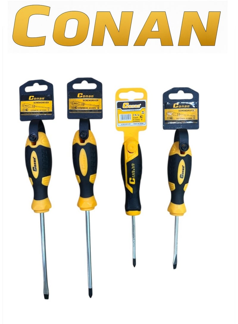 Conan 4-Piece CONAN Professional Screwdriver Set (Flat 6×125mm – Model 10005702 + Phillips PH6×125mm – Model 10005701 + Flat 5×75mm – Model 10005698 + Phillips PH5×75mm – Model 10005697) – Cr-V Steel – Anti-Slip Comfort Grip - Image 1