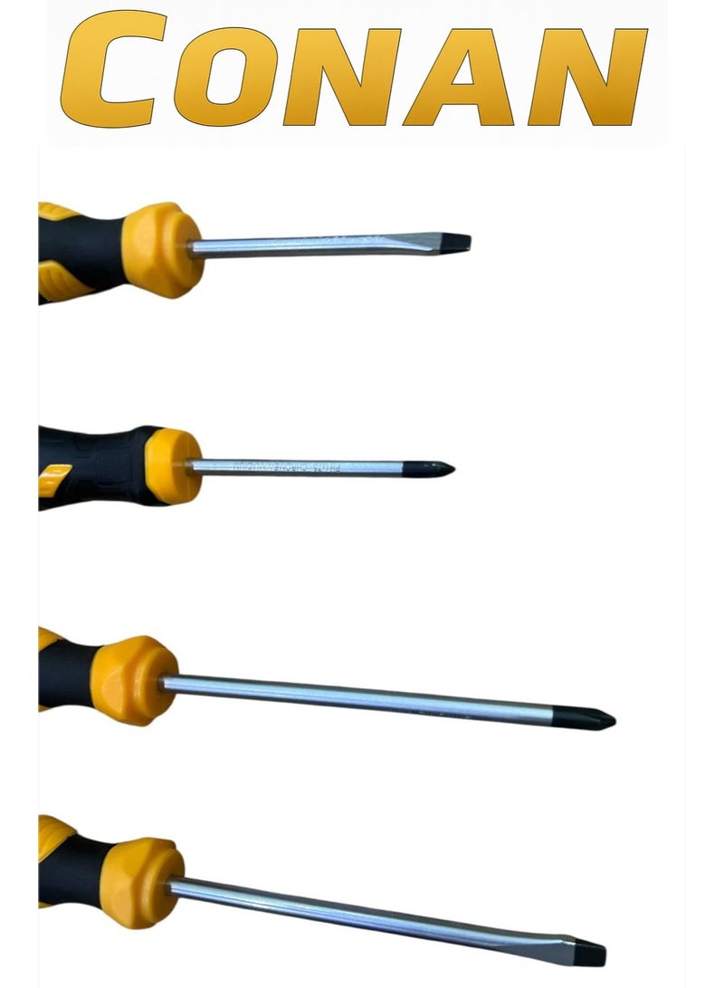 Conan 4-Piece CONAN Professional Screwdriver Set (Flat 6×125mm – Model 10005702 + Phillips PH6×125mm – Model 10005701 + Flat 5×75mm – Model 10005698 + Phillips PH5×75mm – Model 10005697) – Cr-V Steel – Anti-Slip Comfort Grip - Image 2