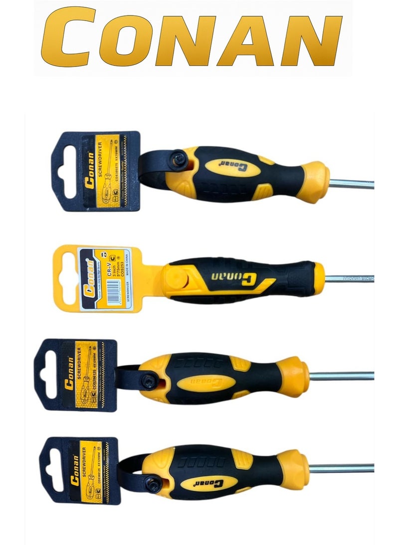 Conan 4-Piece CONAN Professional Screwdriver Set (Flat 6×125mm – Model 10005702 + Phillips PH6×125mm – Model 10005701 + Flat 5×75mm – Model 10005698 + Phillips PH5×75mm – Model 10005697) – Cr-V Steel – Anti-Slip Comfort Grip - Image 3