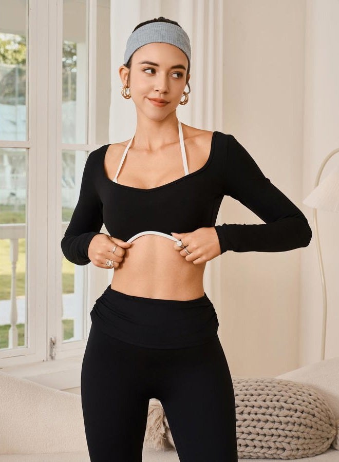 AGECODE Women's Workout Crop Tops Halter Long Sleeve Backless Padded Sports Bra Gym Yoga Top T Shirts, Black, XS - Image 4