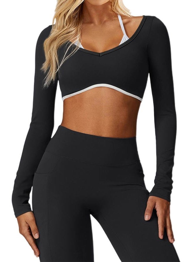AGECODE Women's Workout Crop Tops Halter Long Sleeve Backless Padded Sports Bra Gym Yoga Top T Shirts, Black, XS - Image 1