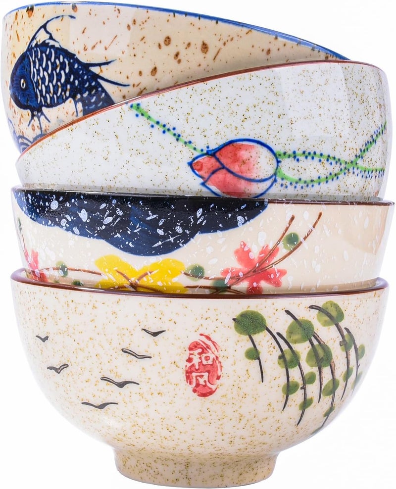 Whitenesser Japanese Retro Rice Bowls Set of 4 Hand-Painted Floral Design Ceramic Soup Sushi Bowls Small Cute Bowls - Image 1