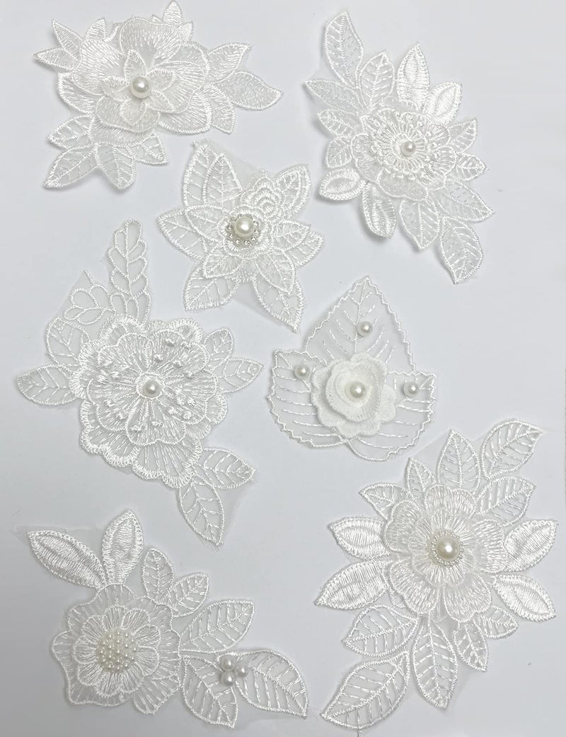 Luwigs لويغز 7 قطع 3D زهور دانتيل تطريز تطبيقات لؤلؤة رقعة DIY فستان زفاف خياطة حرف ملابس جينز جاكيتات حقائب 7 قطع أبيض