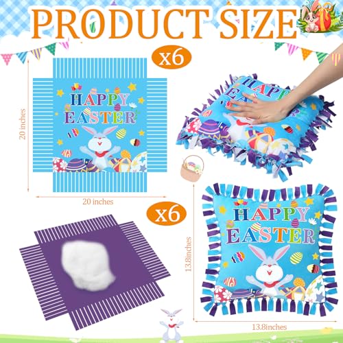 Mindsoft 6 Sets Easter Bunny Fleece Tied Pillow Craft Kits DIY Easter Decor No Sewing Required Colorful Rabbit Egg Design Home Activity Gift for Spring Party - Image 5