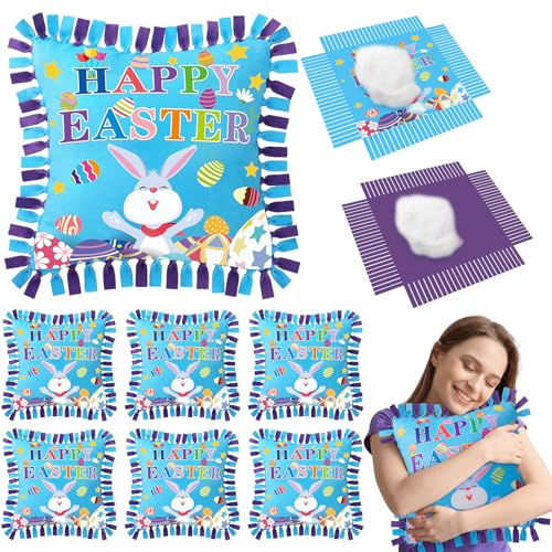 Mindsoft 6 Sets Easter Bunny Fleece Tied Pillow Craft Kits DIY Easter Decor No Sewing Required Colorful Rabbit Egg Design Home Activity Gift for Spring Party - Image 1