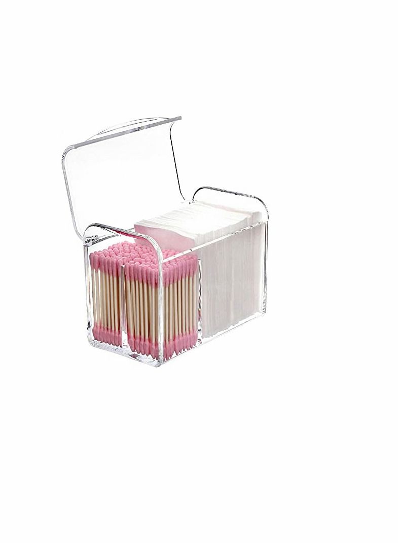 KASTWAVE 3 Partitions Cotton Ball and Swab Holder Organizer with Lid, Clear Acrylic Cotton Pad Container for Cotton Swabs, Q-Tips, Make Up Pads, Cosmetics and More - Image 1