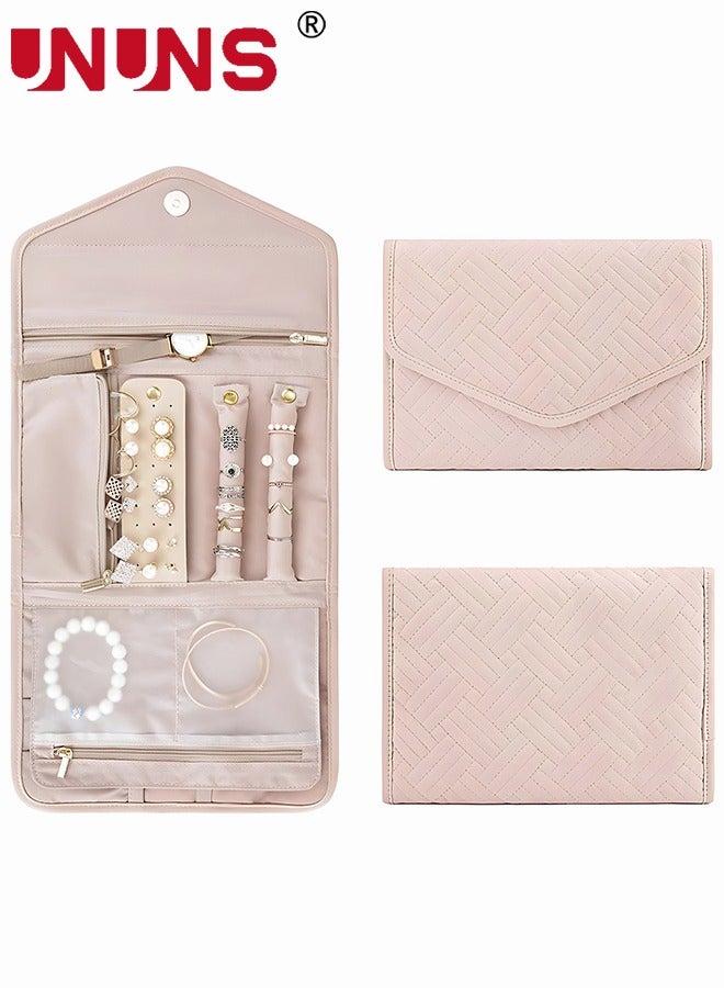 UNUNS Travel Hanging Jewelry Organizer,Foldable Jewelry Roll With Hanger For Rings,Necklaces,Earrings,Large capacity Partition Jewelry Organizers,Soft Pink - Image 1
