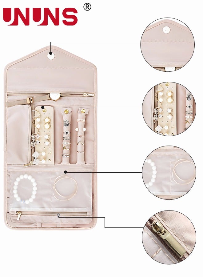 UNUNS Travel Hanging Jewelry Organizer,Foldable Jewelry Roll With Hanger For Rings,Necklaces,Earrings,Large capacity Partition Jewelry Organizers,Soft Pink - Image 5