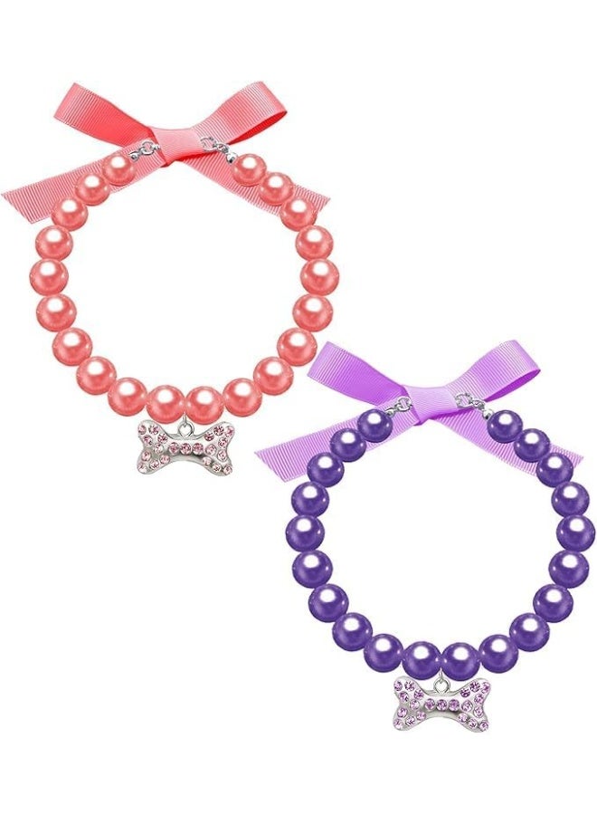 2 Pcs Dog Cat Pearl Collar Necklace with Rhinestone Bone, Fancy Cat Wedding Collar Jewelry for Cat Puppy Dogs Pets (Style 1, S) - Image 5