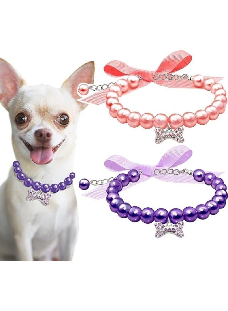 2 Pcs Dog Cat Pearl Collar Necklace with Rhinestone Bone, Fancy Cat Wedding Collar Jewelry for Cat Puppy Dogs Pets (Style 1, S) - Image 1