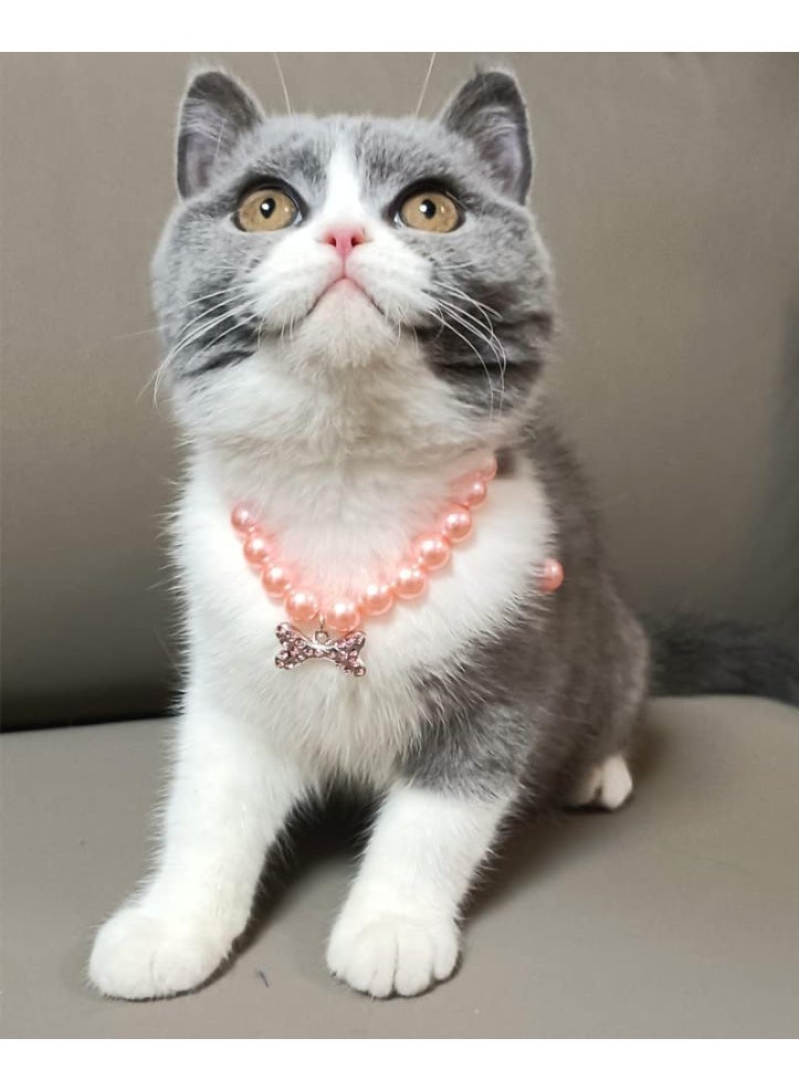 2 Pcs Dog Cat Pearl Collar Necklace with Rhinestone Bone, Fancy Cat Wedding Collar Jewelry for Cat Puppy Dogs Pets (Style 1, S) - Image 3