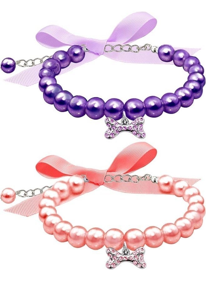 2 Pcs Dog Cat Pearl Collar Necklace with Rhinestone Bone, Fancy Cat Wedding Collar Jewelry for Cat Puppy Dogs Pets (Style 1, S) - Image 4