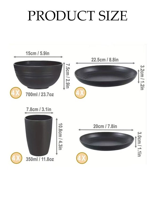 DUNISO طقم أدوات المائدة من 16 قطعة من قش القمح البلاستيكي، طقم أدوات المائدة، طقم أطباق عشاء قابلة لإعادة الاستخدام للمطبخ والتخييم في الهواء الطلق، أكواب وأطباق ووعاء غير قابلة للكسر (أسود) - Image 2