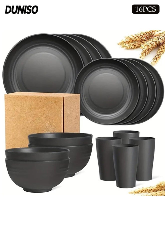 DUNISO طقم أدوات المائدة من 16 قطعة من قش القمح البلاستيكي، طقم أدوات المائدة، طقم أطباق عشاء قابلة لإعادة الاستخدام للمطبخ والتخييم في الهواء الطلق، أكواب وأطباق ووعاء غير قابلة للكسر (أسود) - Image 1