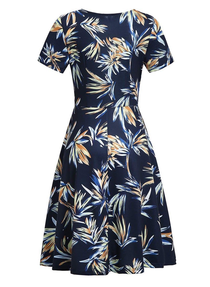 HELYO Women's Elegant Criss-Cross V Neck Vintage Short Sleeve Work Casual Party Swing Tea Dress with Pockets 980 (XL, Blue Floral) - Image 3