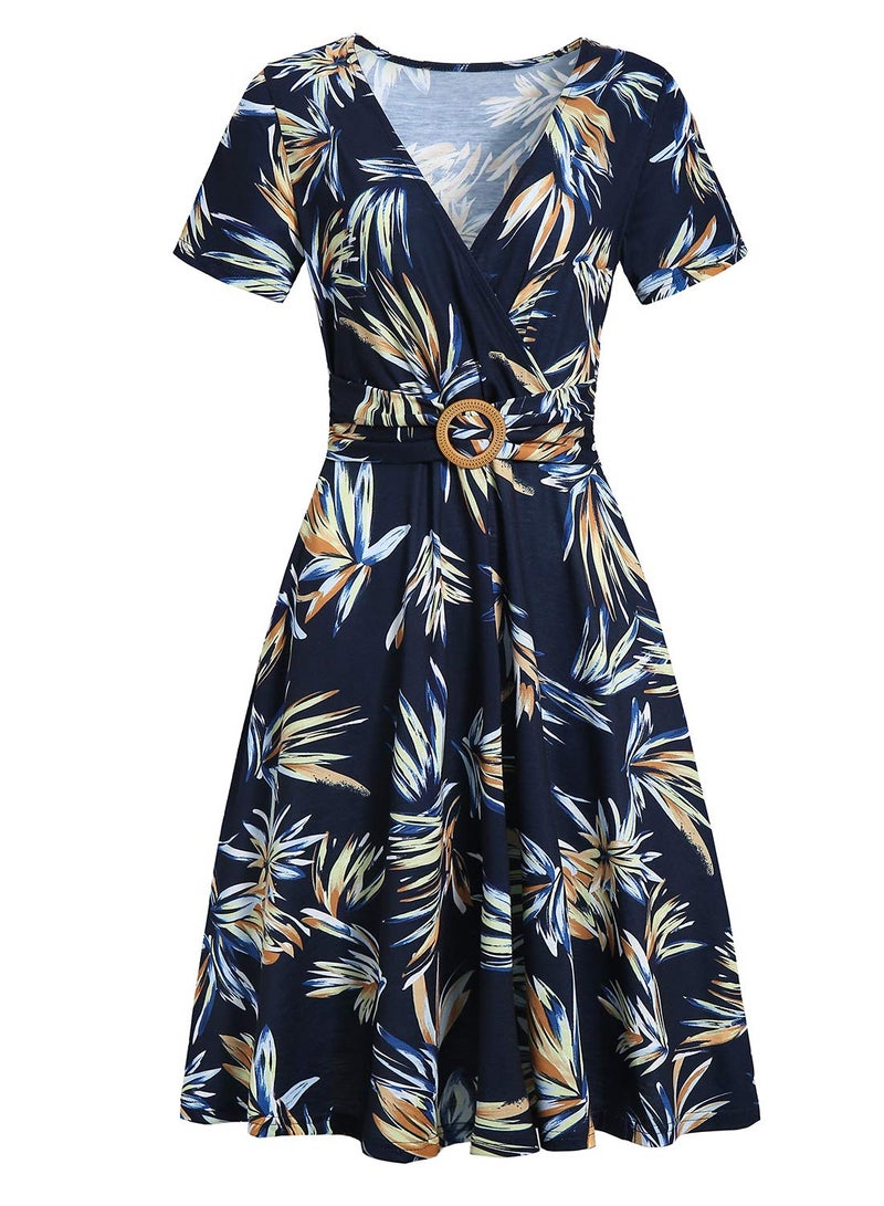 HELYO Women's Elegant Criss-Cross V Neck Vintage Short Sleeve Work Casual Party Swing Tea Dress with Pockets 980 (XL, Blue Floral) - Image 2