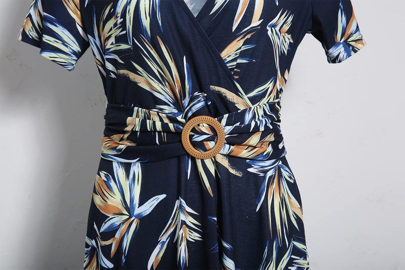 HELYO Women's Elegant Criss-Cross V Neck Vintage Short Sleeve Work Casual Party Swing Tea Dress with Pockets 980 (XL, Blue Floral) - Image 5
