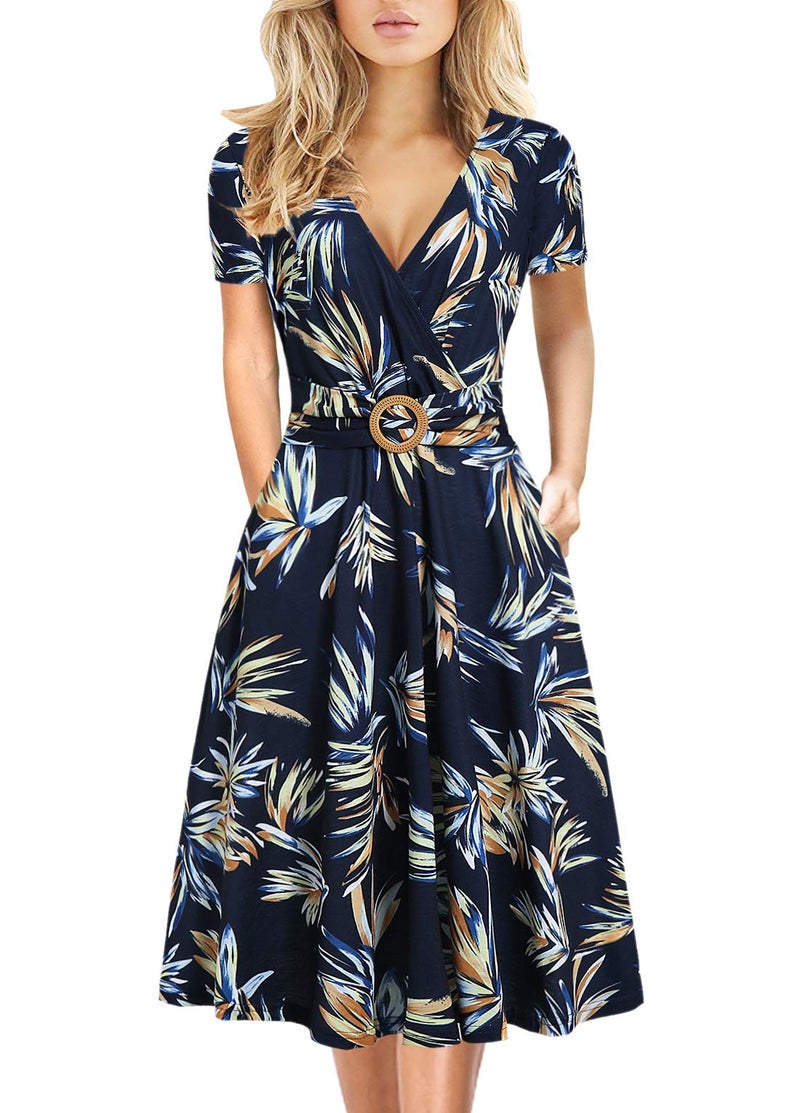HELYO Women's Elegant Criss-Cross V Neck Vintage Short Sleeve Work Casual Party Swing Tea Dress with Pockets 980 (XL, Blue Floral) - Image 1