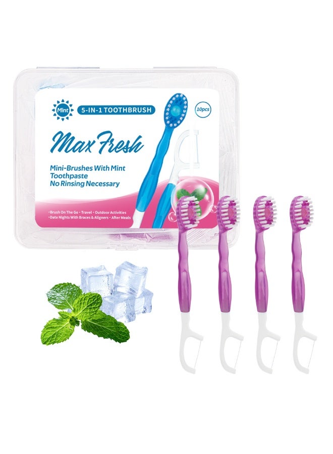 منت 5 In 1 Mini Toothbrush  Floss  Tongue Scraper  Toothpick Set, , Disposable Mini Toothbrushes  With Bursting Beads, No Toothpaste Required,Convenient And Easy to Carry, Cleans The Mouth and Freshens Breath 10pcs（Cherry Flavor） - Image 1
