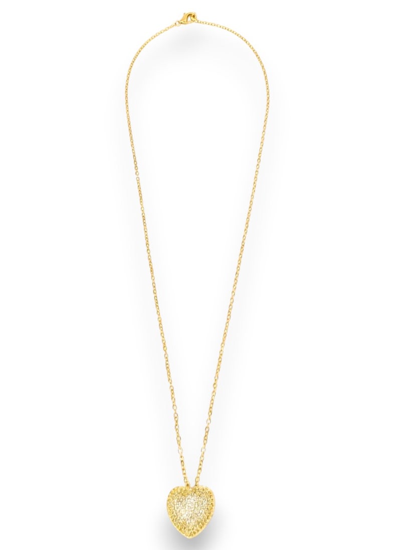 A fully covered, prominent heart-shaped necklace with sparkly, glittery detailing - on a delicate gold-plated chain - with additional links for adjusting the size. - Image 1