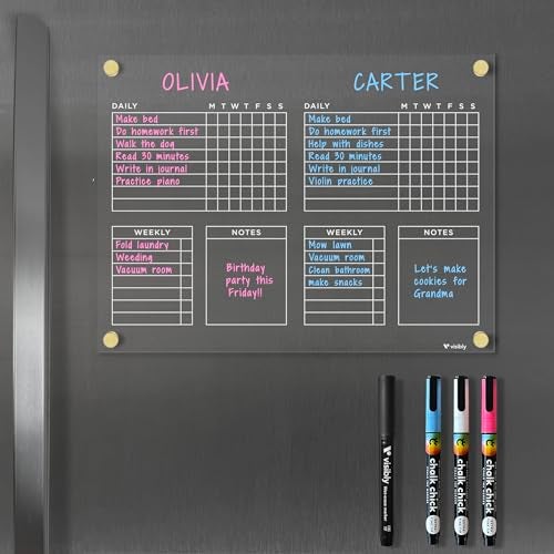 Visibly Magnetic Acrylic Chore Chart for Fridge with Weekly and Notes Section. Includes 4 Magnetic Wet-Erase Markers for Refrigerator, 12” X 9". Put Those Kids to Work! | Silver Magnets - Image 2