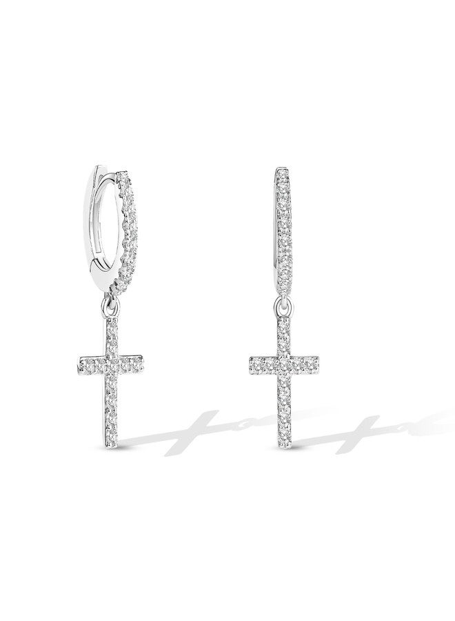 CoBi Cross Dangle Earrings for Women, Sparkling Cubic Zirconia CZ Hoop Earrings, Hypoallergenic Minimalist Fashion Jewelry-Silver - Image 1
