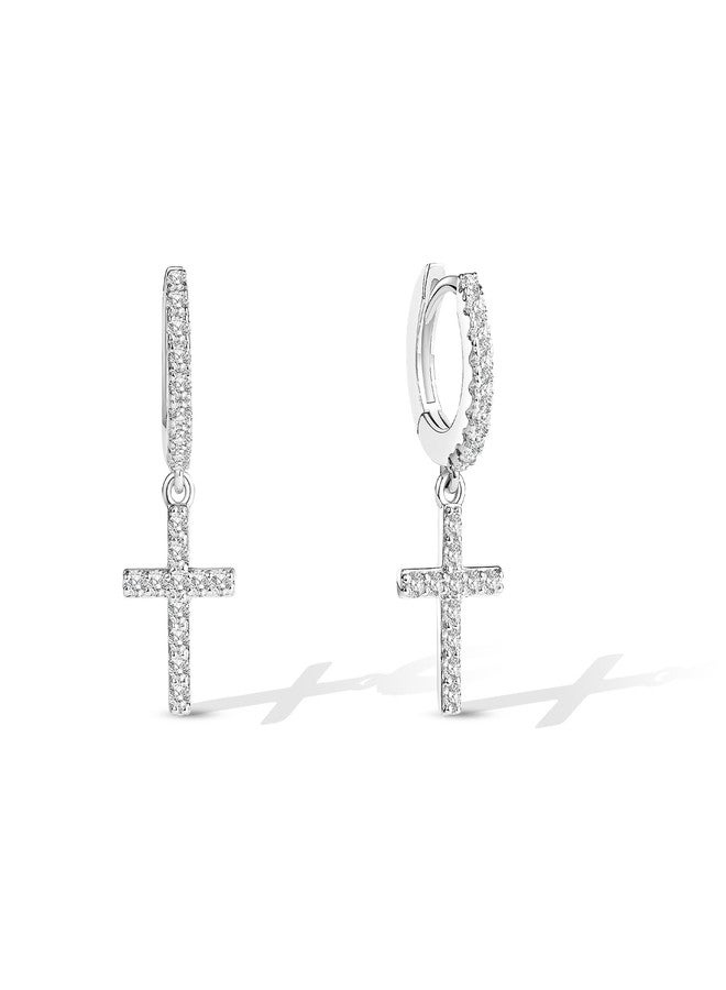 CoBi Cross Dangle Earrings for Women, Sparkling Cubic Zirconia CZ Hoop Earrings, Hypoallergenic Minimalist Fashion Jewelry-Silver - Image 2