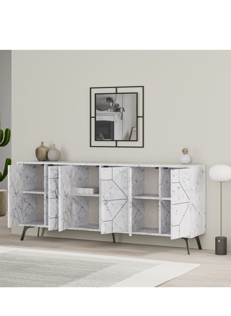 Dune Console  Modern Sideboard With 6 Doors  Storage Cabinet For Living Room Office Lounge Dining Room Kitchen Hallway  35X77.4X181 Cm White Marble