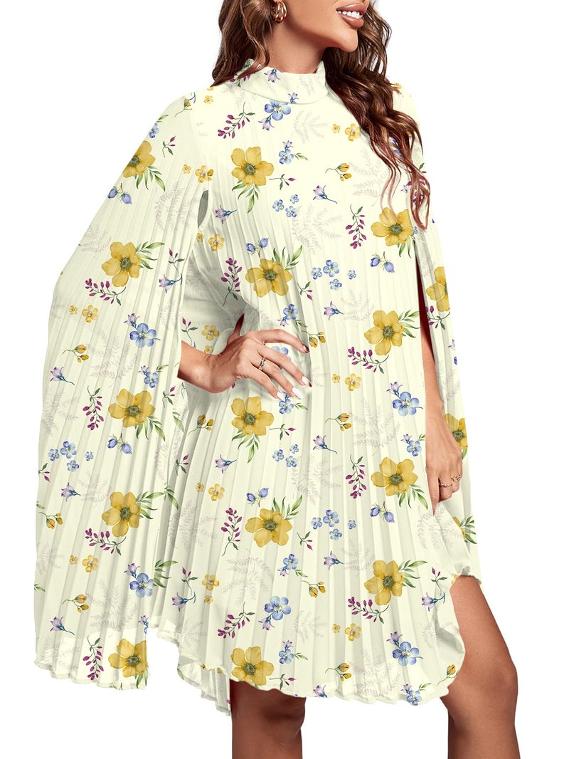 Rooscier Women's Pleated Mock Neck Cloak Sleeve Keyhole Back Flowy Party Midi Dress Multicolor Floral Small - Image 3