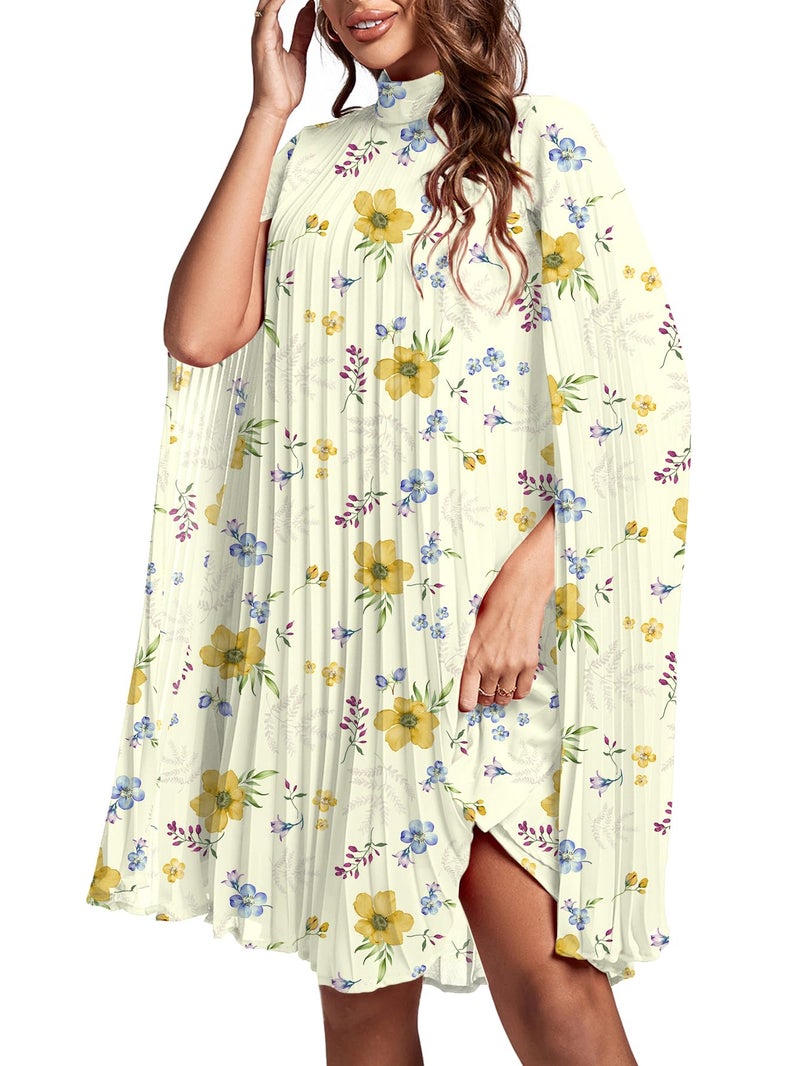 Rooscier Women's Pleated Mock Neck Cloak Sleeve Keyhole Back Flowy Party Midi Dress Multicolor Floral Small - Image 4