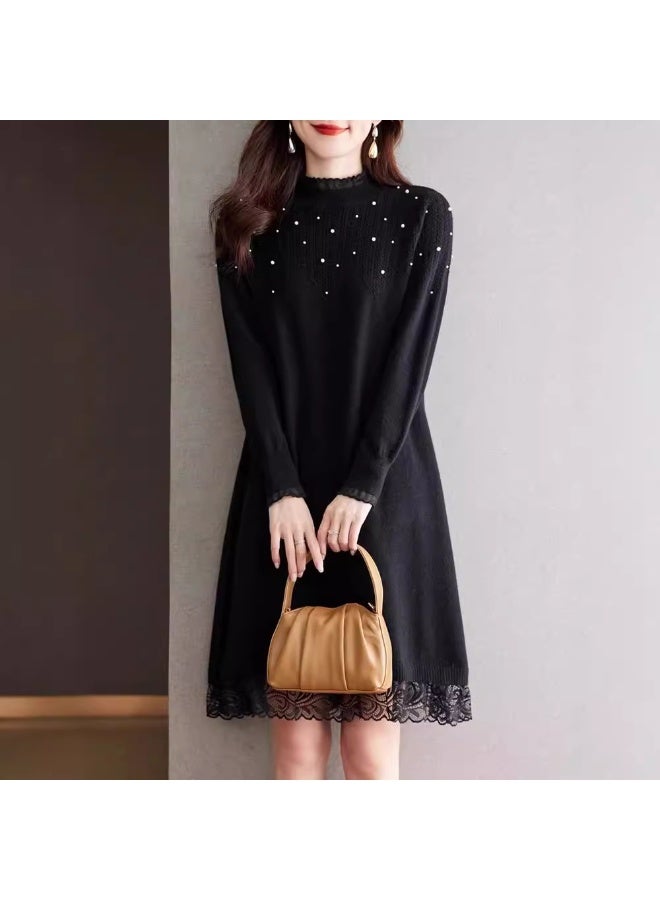 NIBEMINENT Fall Winter Womens Knitted loose Dresses Fashion All-Match Lace Stitching Sweater Casual Dress - Image 1