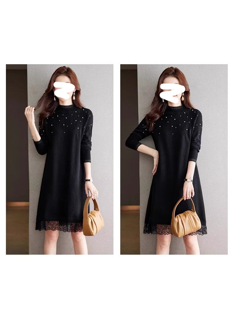 NIBEMINENT Fall Winter Womens Knitted loose Dresses Fashion All-Match Lace Stitching Sweater Casual Dress - Image 2