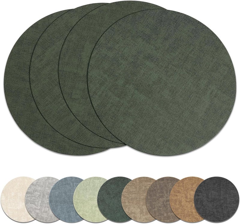 NCUE 13" Round Placemats Set of 4, Reversible Faux Leather Heat Resistant Table Mats, Waterproof Oilproof Wipeable Table Protective Placemats for Vinyl, Washable for Indoor & Outdoor Use (4, Dark Green) - Image 1