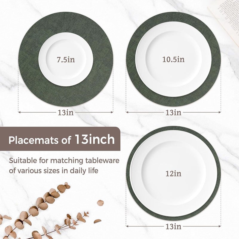 NCUE 13" Round Placemats Set of 4, Reversible Faux Leather Heat Resistant Table Mats, Waterproof Oilproof Wipeable Table Protective Placemats for Vinyl, Washable for Indoor & Outdoor Use (4, Dark Green) - Image 2