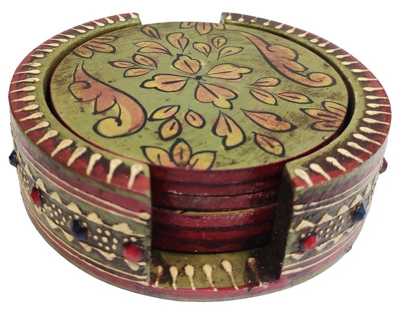 Purpledip Wooden Coasters (Set of 6): Hand-Painted Decorative Barware (10260) - Image 4