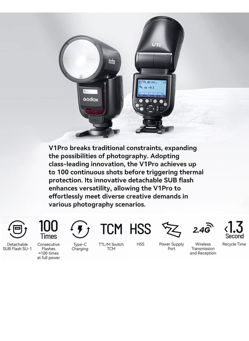 Godox - V1 PRO S Camera Flash 2.4G Wireless Speedlight 1/8000s HSS 1.3s Recycle Time with M/TTL Flash Mode Type-C Powered with Sub Flash Speedlite Compatible with Sony Cameras - Image 1