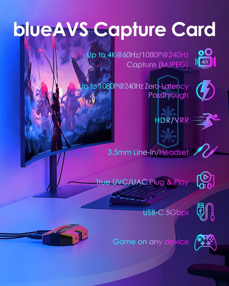 BlueAVS بطاقة التقاط الفيديو HDMI 4K/60Hz و 1080P/240Hz، بطاقة التقاط ألعاب خارجية USB 3.0 لجهاز PS5/Xbox/Switch، توصيل وتشغيل لجهاز الكمبيوتر وMac، تسجيل وبث على OBS - Image 3
