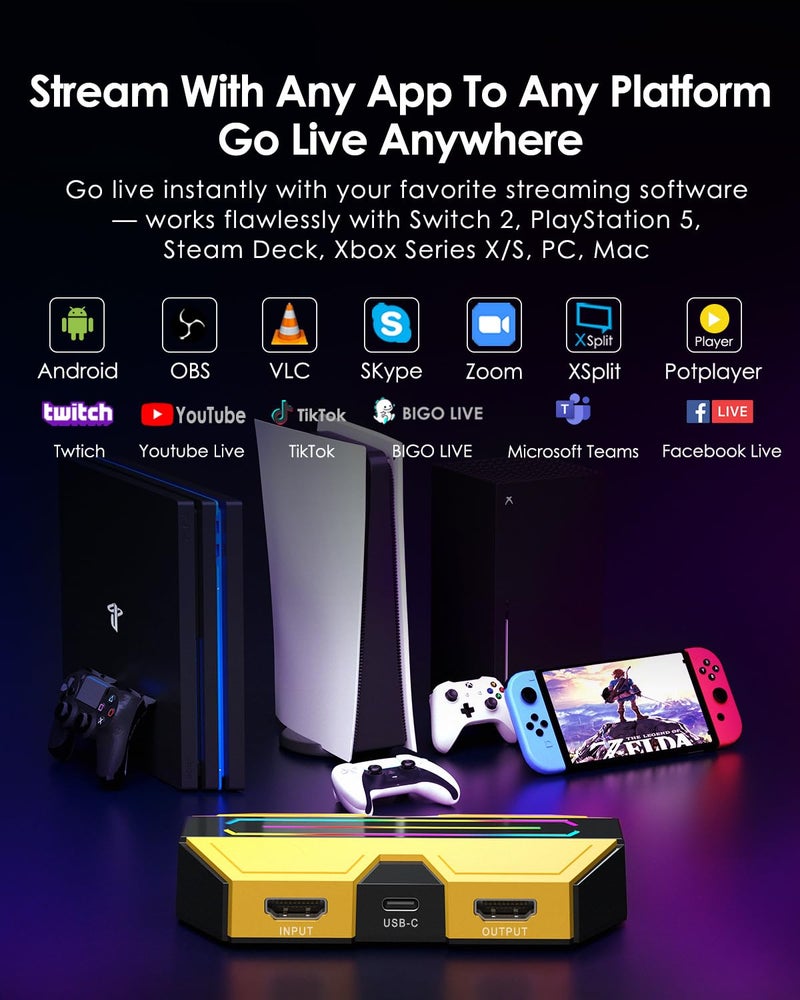 BlueAVS بطاقة التقاط الفيديو HDMI 4K/60Hz و 1080P/240Hz، بطاقة التقاط ألعاب خارجية USB 3.0 لجهاز PS5/Xbox/Switch، توصيل وتشغيل لجهاز الكمبيوتر وMac، تسجيل وبث على OBS - Image 4