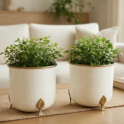 BEHOMA Metal Hammered White Planter with Golden Trim for Home Decor | Pot for Indoor Outdoor Balcony Living Room | Table Plant Pot for Gifting | Size H-6" x Dia.6 inch, Set of 2 (Plant not Included) - Image 1