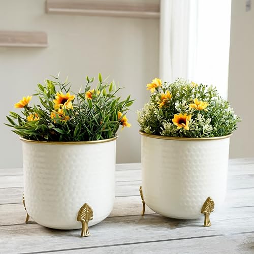 BEHOMA Metal Hammered White Planter with Golden Trim for Home Decor | Pot for Indoor Outdoor Balcony Living Room | Table Plant Pot for Gifting | Size H-6" x Dia.6 inch, Set of 2 (Plant not Included) - Image 2