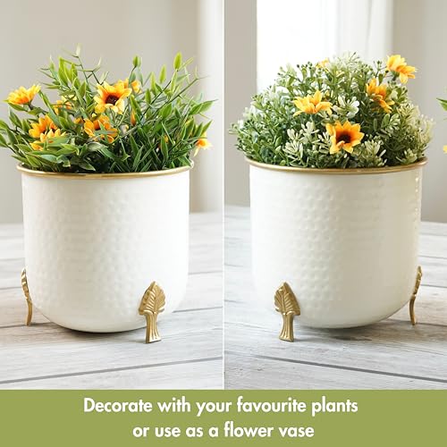 BEHOMA Metal Hammered White Planter with Golden Trim for Home Decor | Pot for Indoor Outdoor Balcony Living Room | Table Plant Pot for Gifting | Size H-6" x Dia.6 inch, Set of 2 (Plant not Included) - Image 5