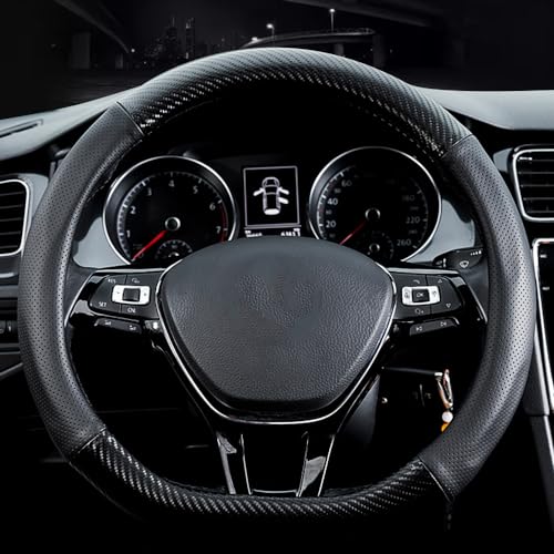 HAOTULE Car Carbon Fiber and Leather D-Shape Steering Wheel Cover, Stylish car Non-Slip Leather car Interior 15 inches Universal Black - Image 2