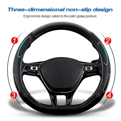 HAOTULE Car Carbon Fiber and Leather D-Shape Steering Wheel Cover, Stylish car Non-Slip Leather car Interior 15 inches Universal Black - Image 3